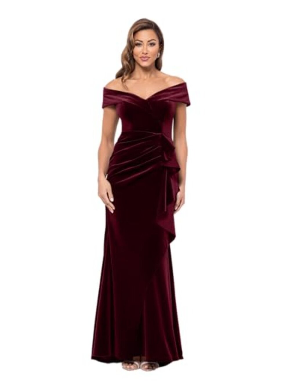 Velvet Off Shoulder Ruffle Draped Floor Length Evening Dress